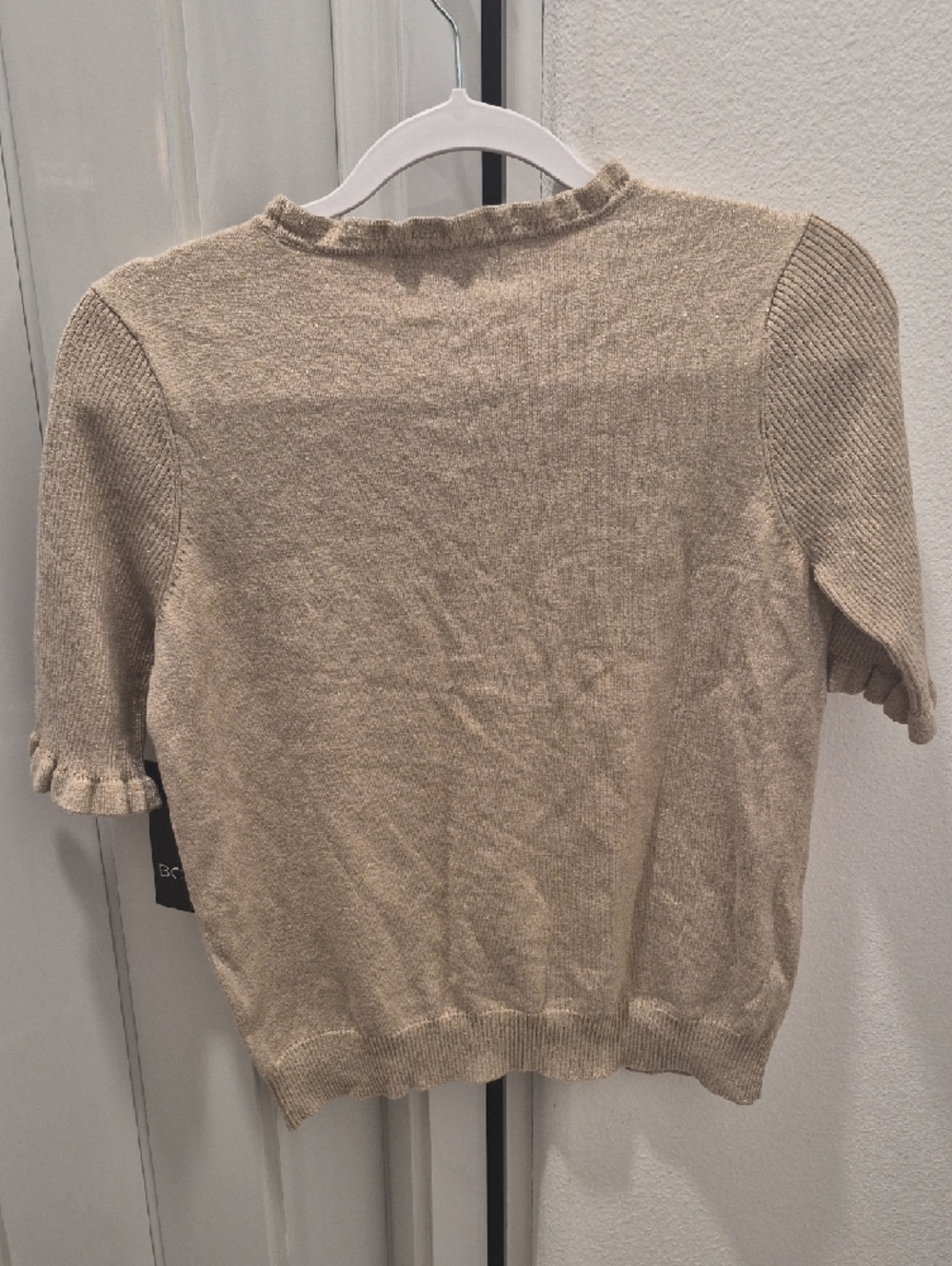 BCBG Neutral Gold Ruffle-Trim Short Sleeve Knit Top - Picture 7 of 7